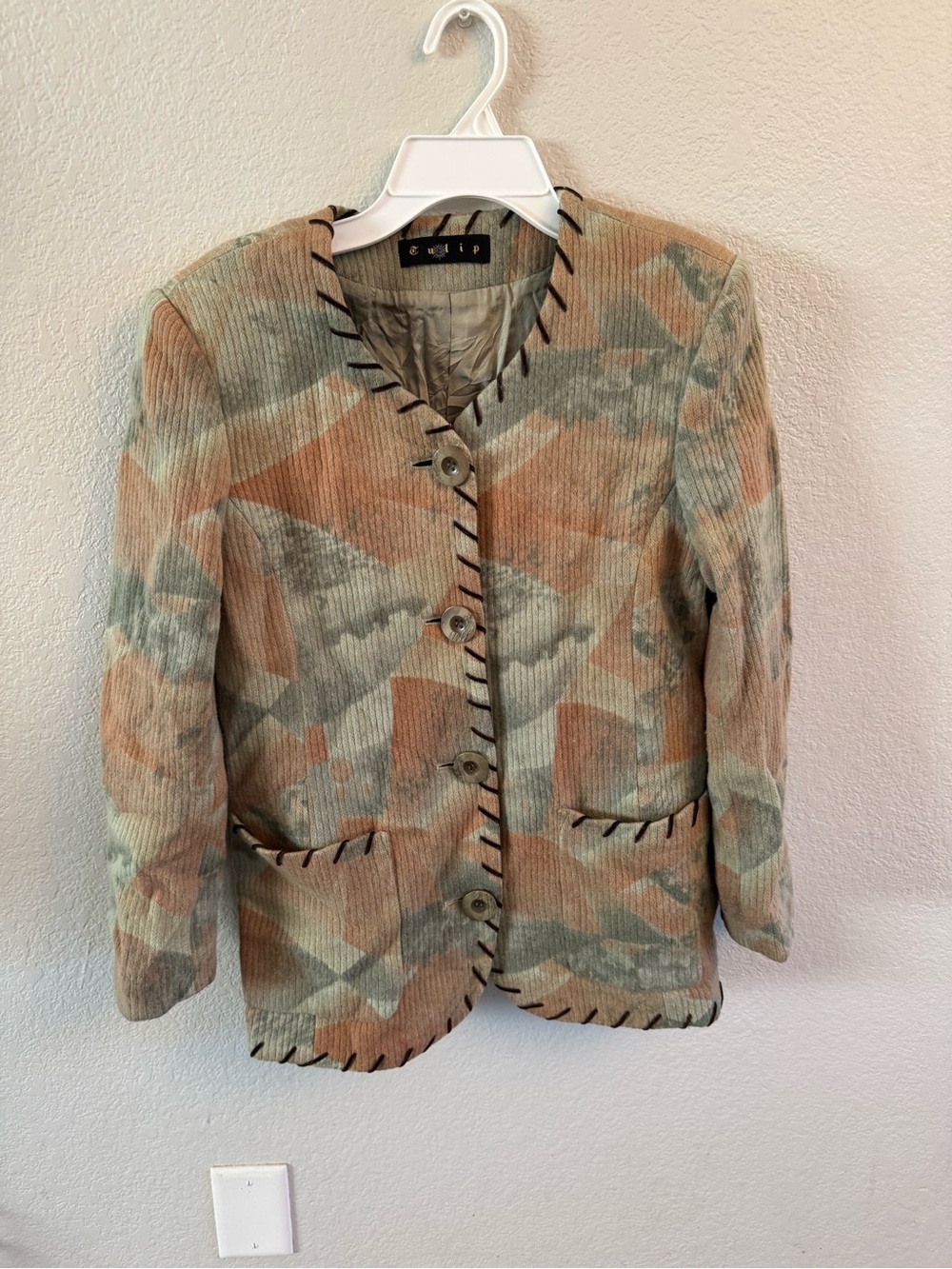 Vintage Tulip Geometric Corduroy Jacket Whipstitch Trim Boho Blazer M/S